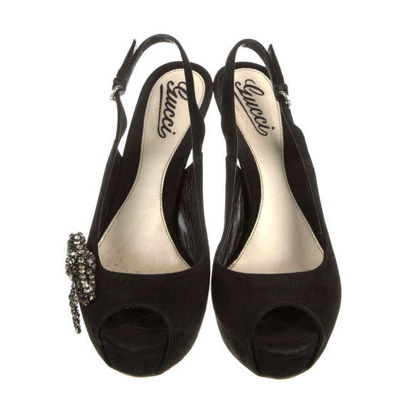 sold! 8 Platform CRYSTAL BOW Slingback Heels Suede Rhinestone Peeptoe Pumps EU39 - Picture 3 of 12